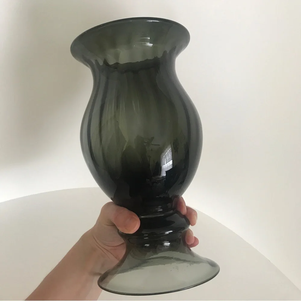 Vintage Wayne Husted Blenko Art Glass Charcoal Gray Ribbed Vase Mid Century
